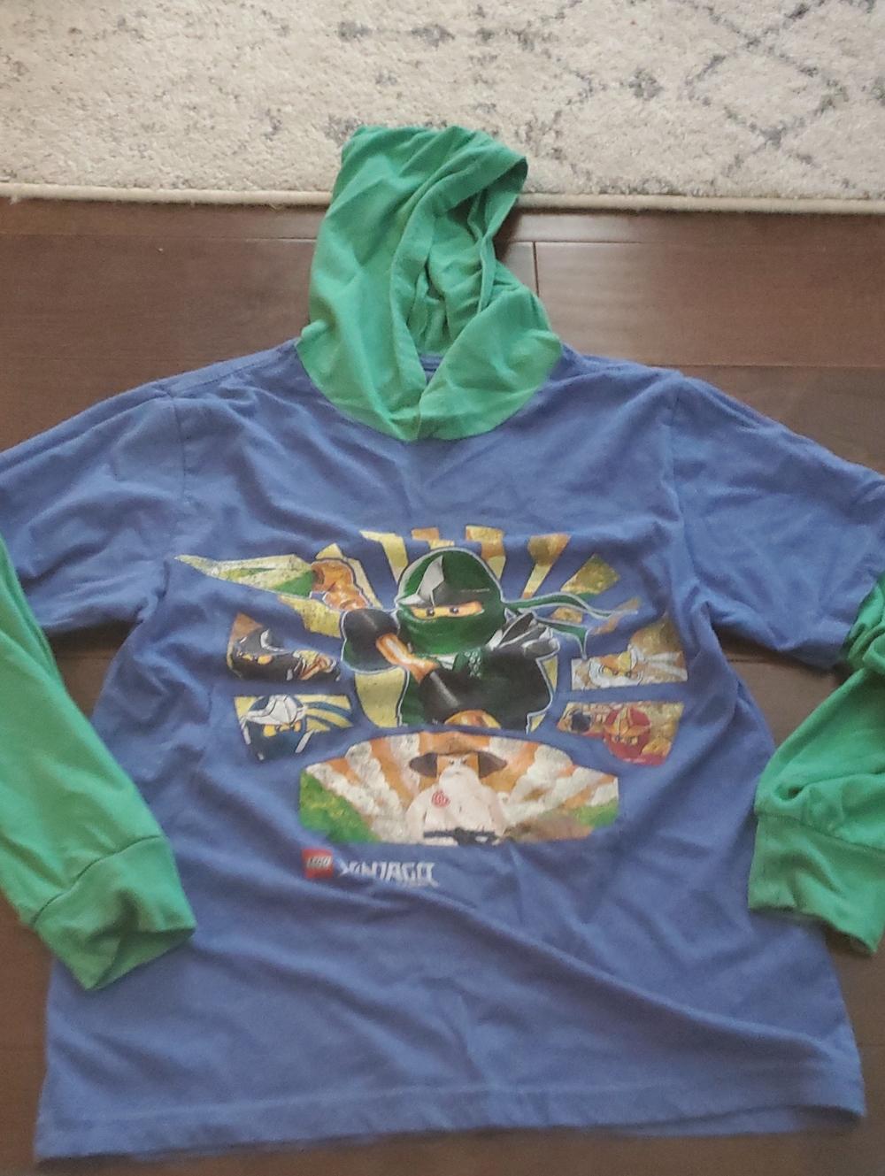 Lego Ninjago Blue Shirt with Green Hood & Sleeves Ninjago Graphic Size Large You